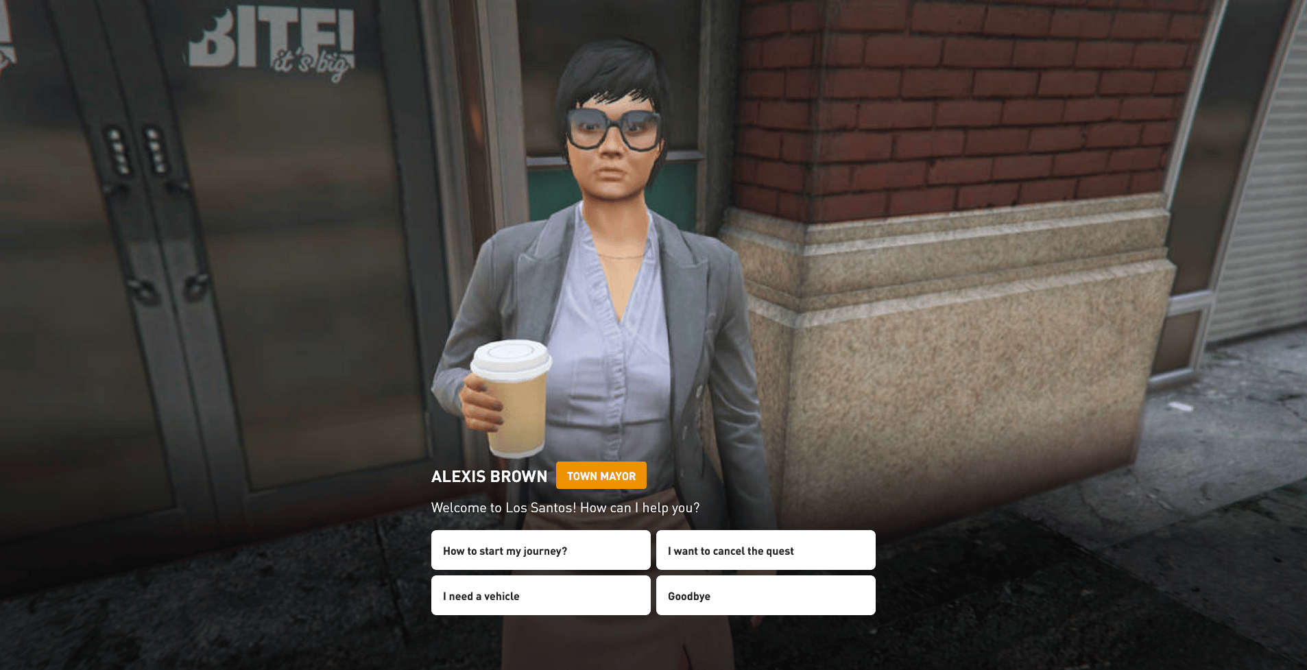 NPC dialog with multiple dialogue options and a caption.