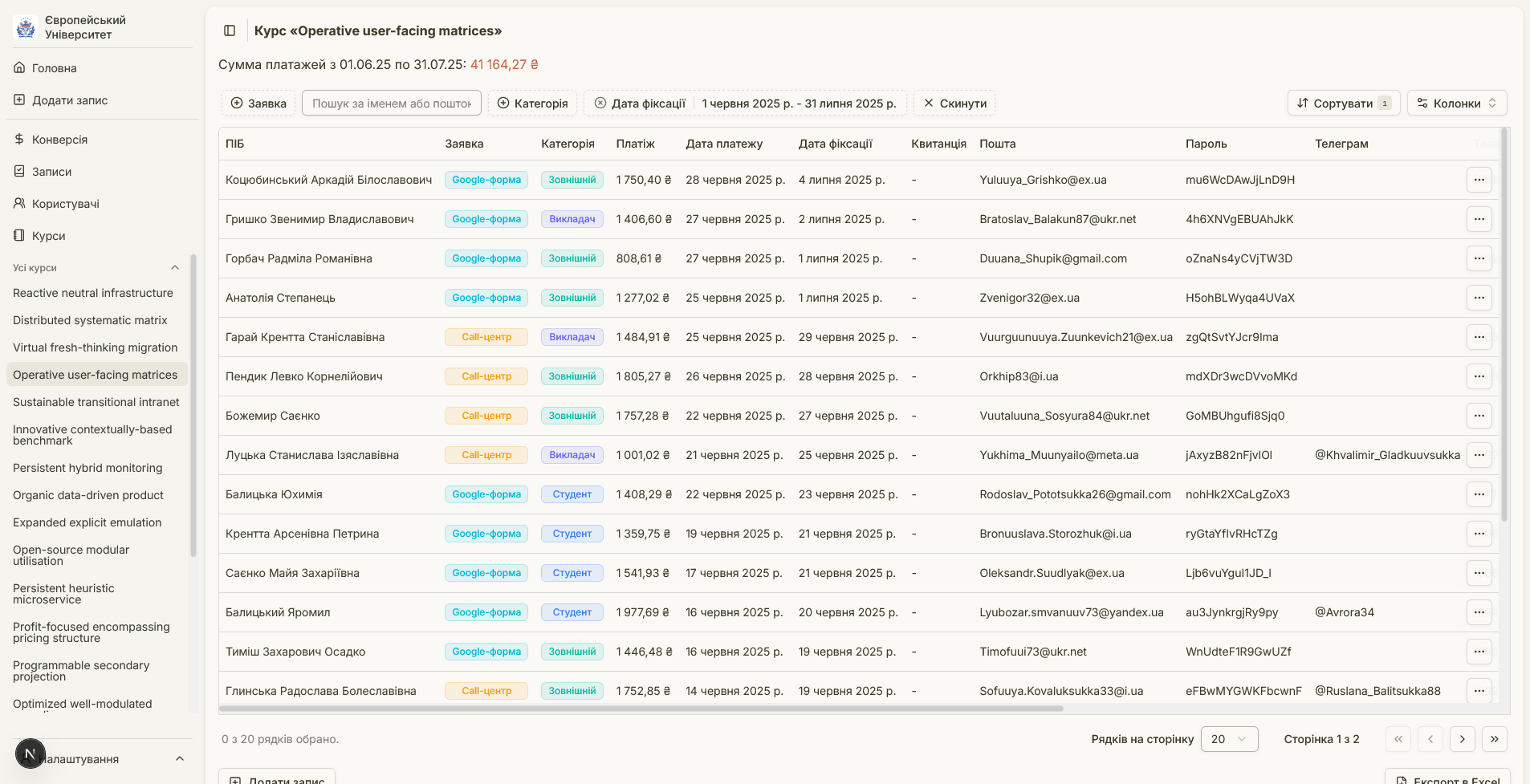 Spreadsheet view of a course "Reactive neutral infrastructure" in light mode. Table cells include User Name, Enrollment Type, User Category, Payment, Payment Date, and more.