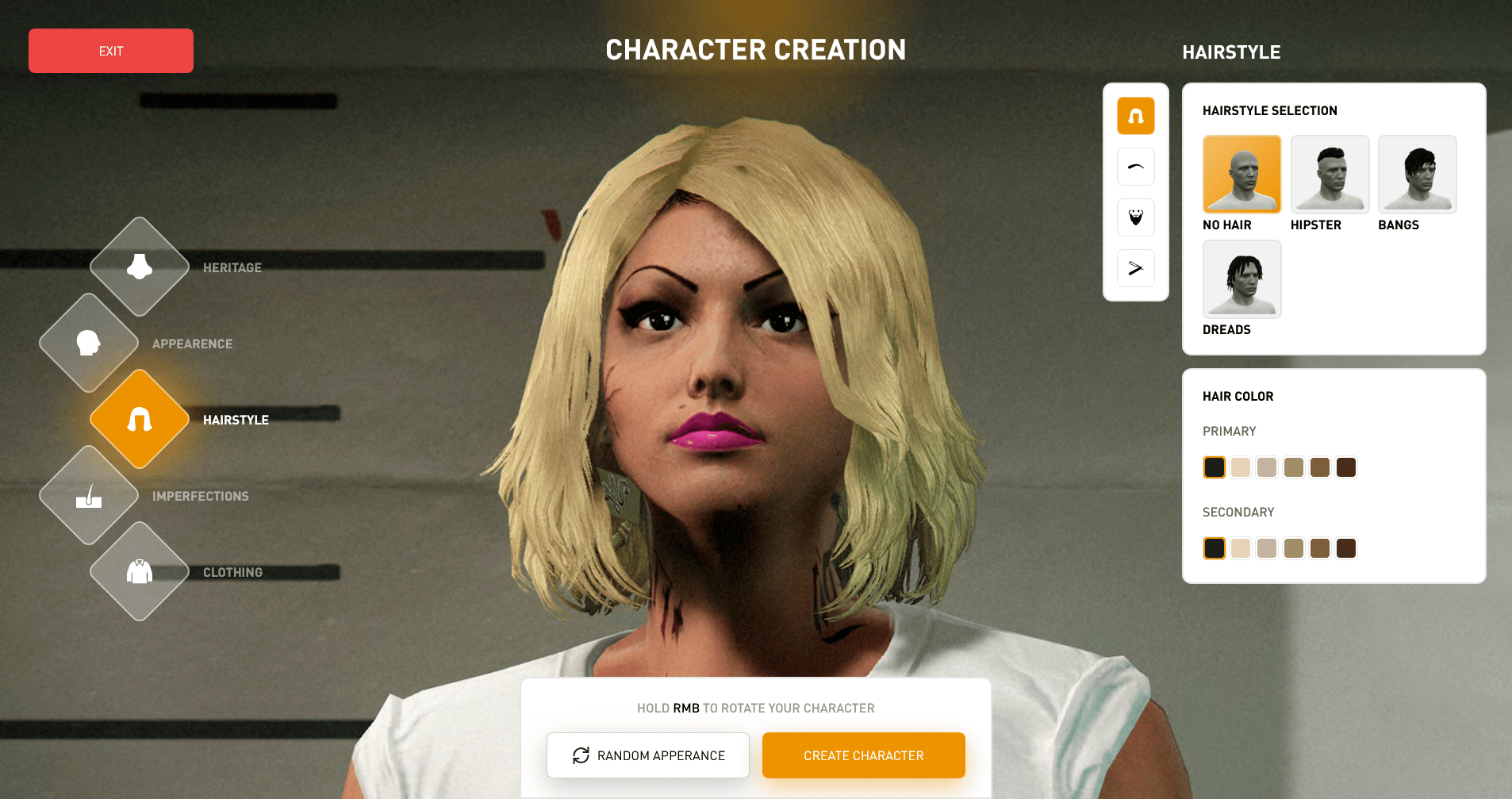 Character creator interface with "Hairstyle" section open.