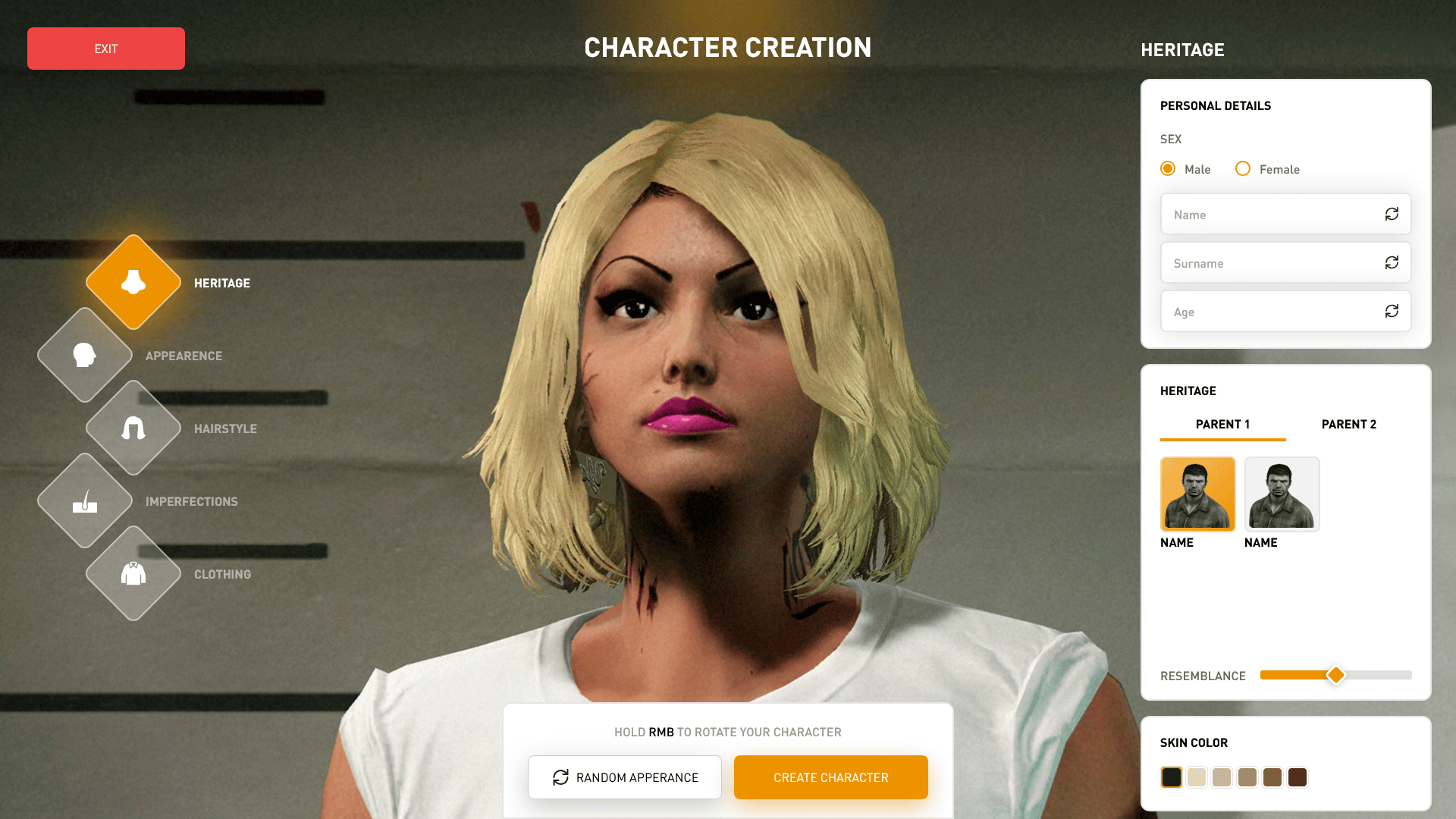 Character creator interface with "Heritage" section open.