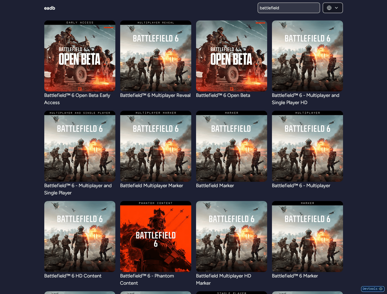 Search Results page for the query "battlefield". Showcases a list of cover arts for various Battlefield games and editions.