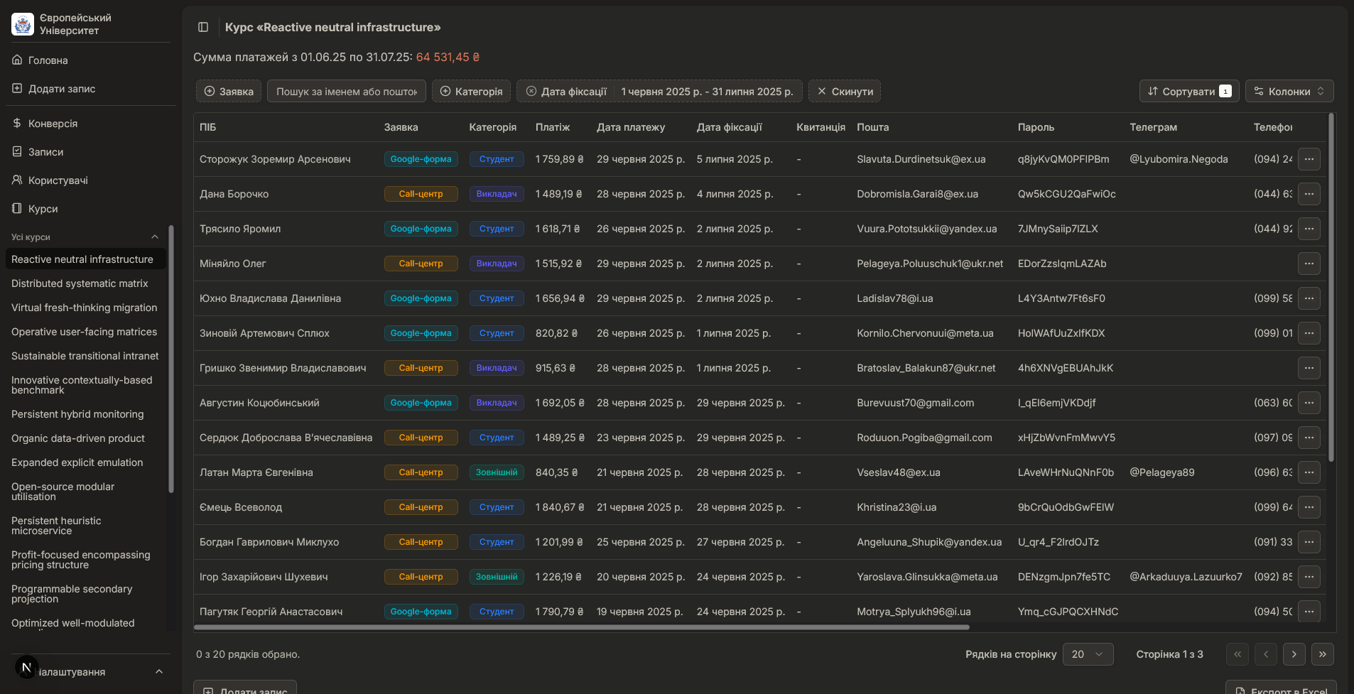 Spreadsheet view of a course "Reactive neutral infrastructure" in dark mode. Table cells include User Name, Enrollment Type, User Category, Payment, Payment Date, and more.