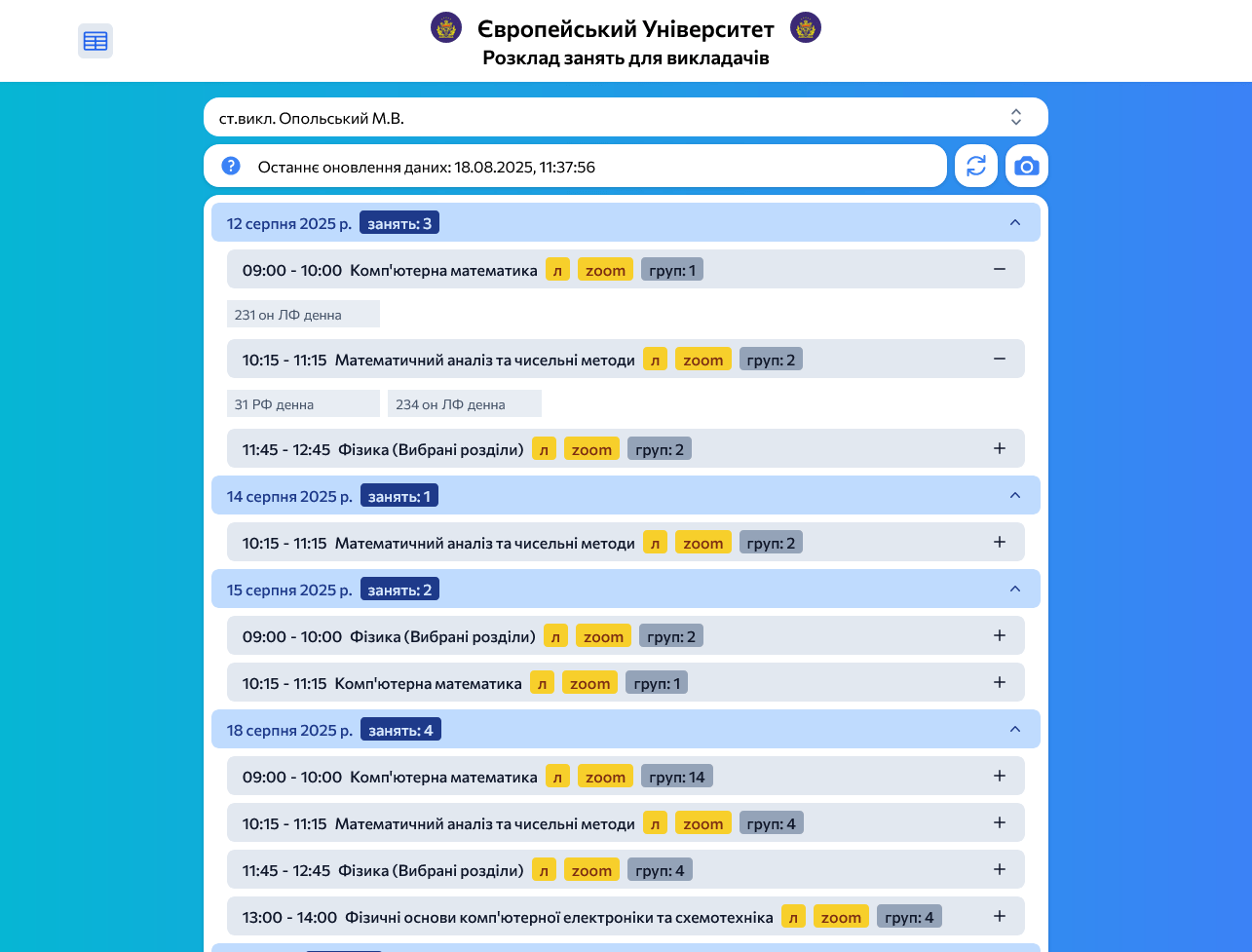 View of a list with the professor schedule.