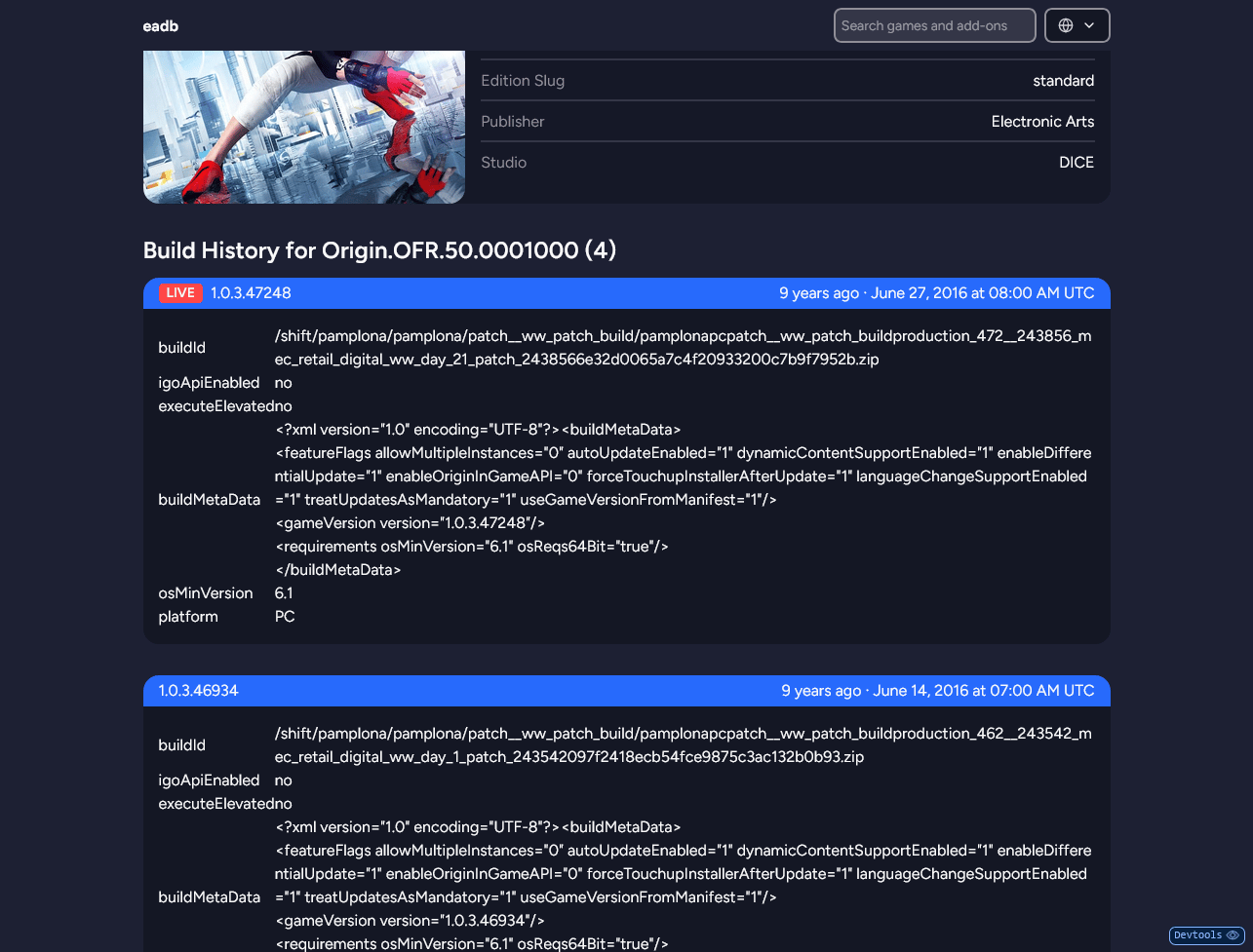 Build History page for the game "Mirror's Edge Catalyst". Showcases history of published game builds with various developer metadata.