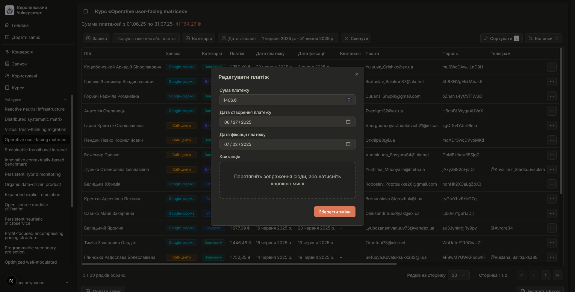 Open modal "Edit Payment" in dark mode. Includes a form with input fields for Payment, Payment Date, and more.