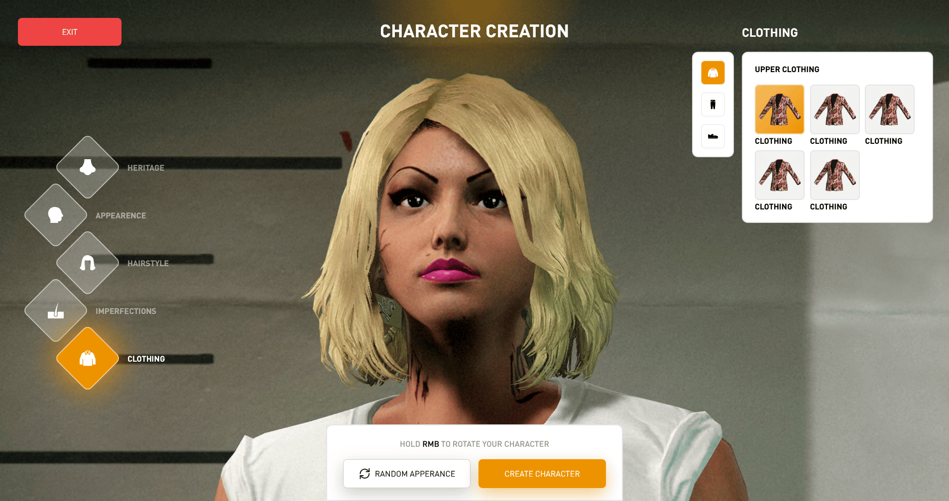 Character creator interface with "Clothing" section open.