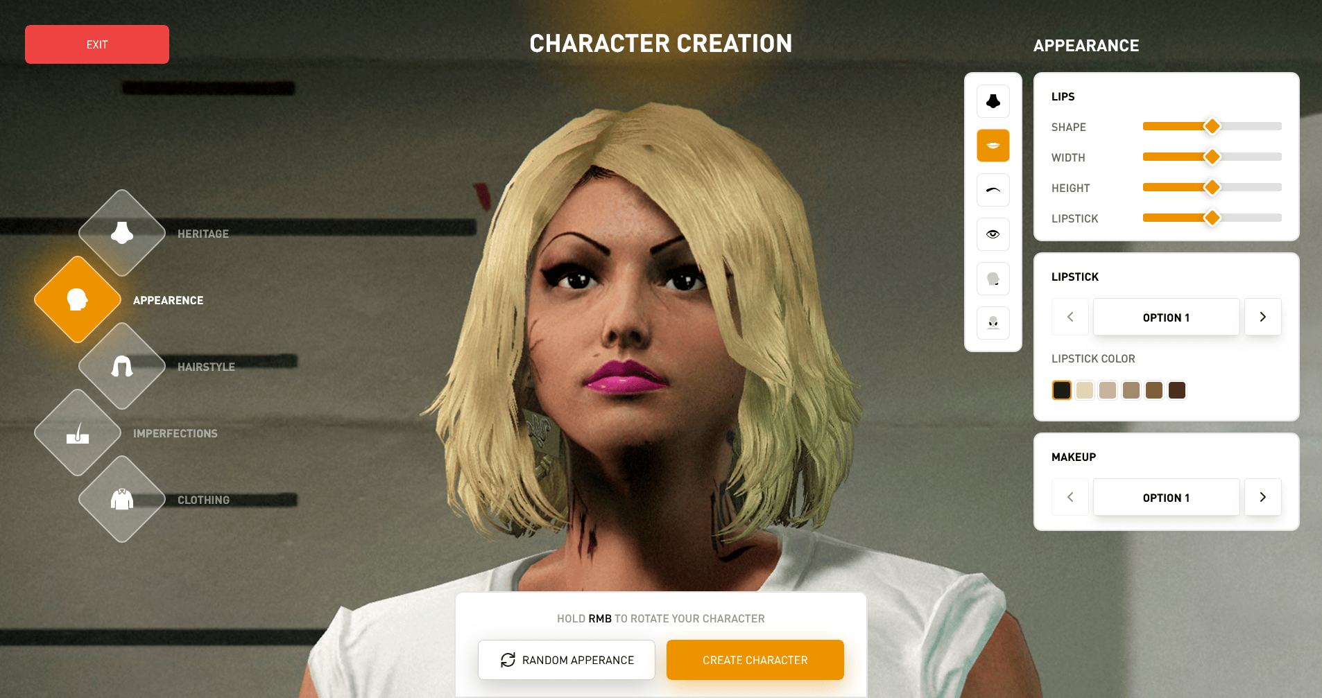 Character creator interface with "Appearance" section open.