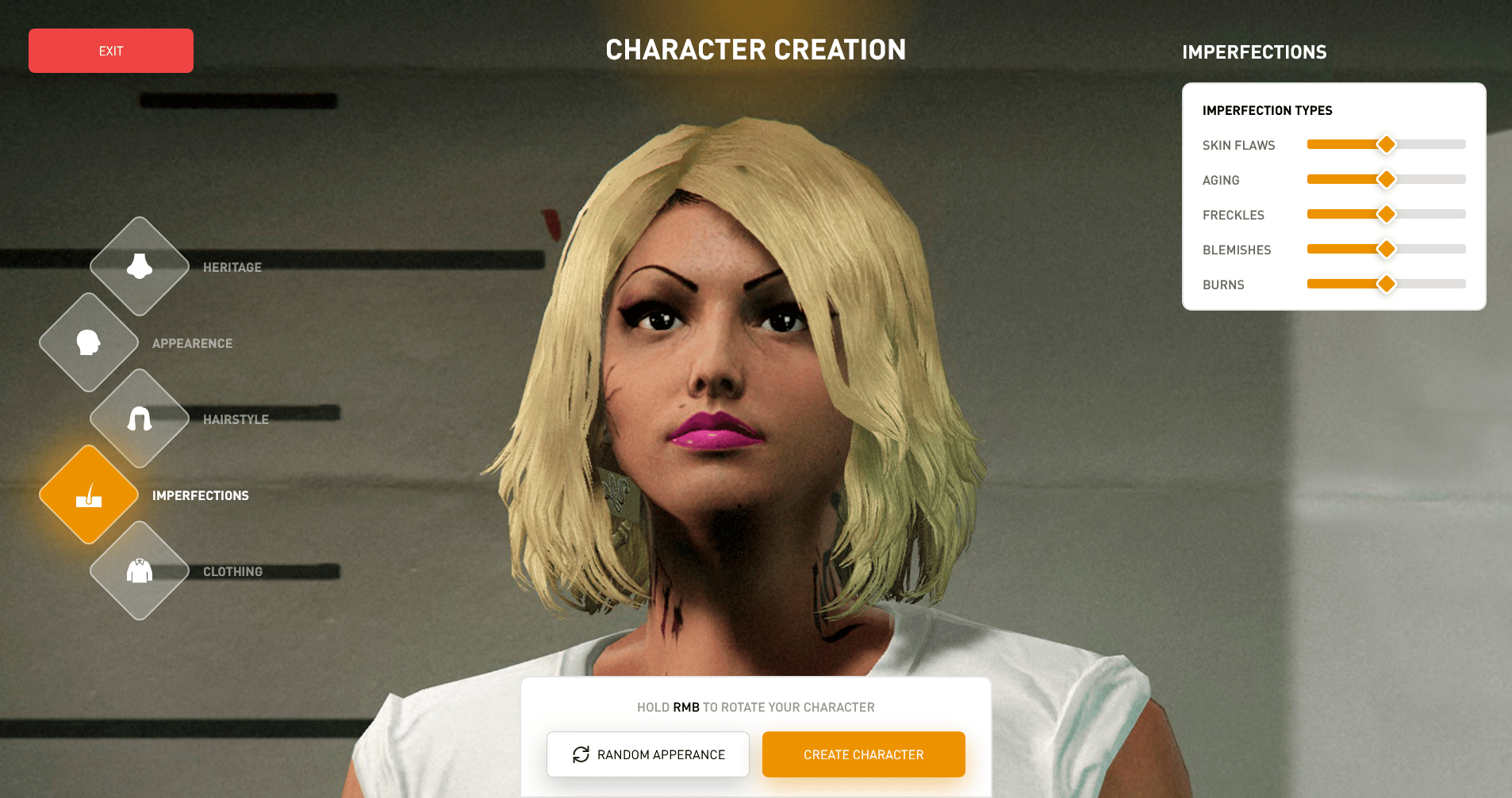 Character creator interface with "Imperfections" section open.