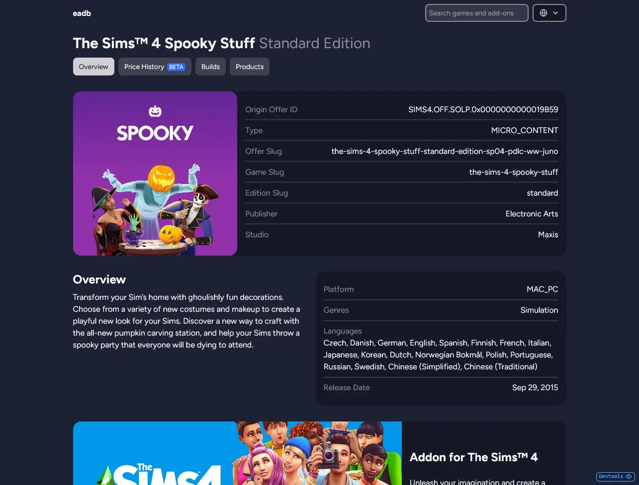 Informational page for the game addon "The Sims 4 Spooky Stuff". Showcases game data & info, game overview and images.