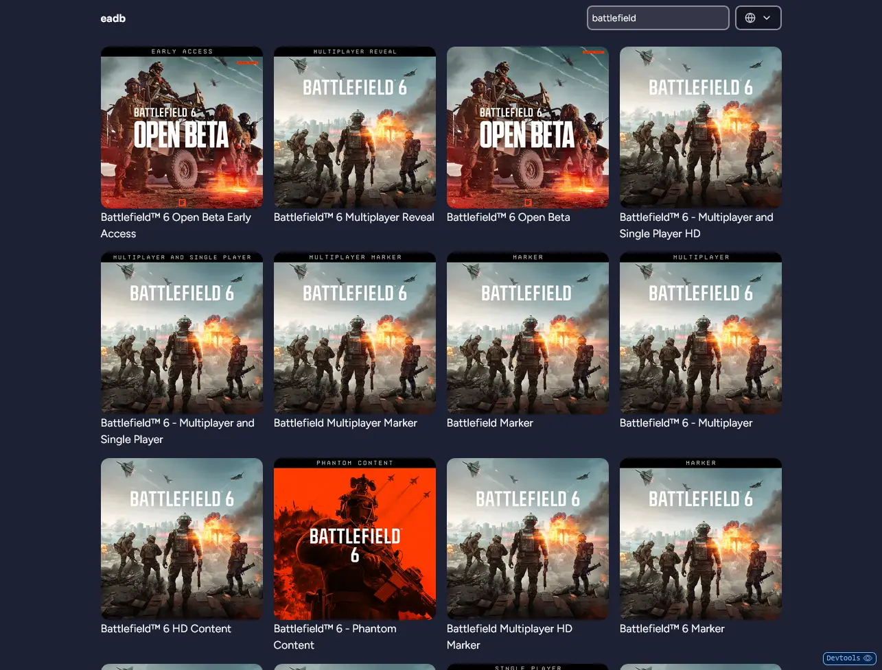 Search Results page for the query "battlefield". Showcases a list of cover arts for various Battlefield games and editions.