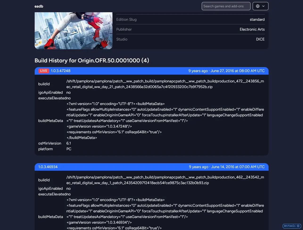 Build History page for the game "Mirror's Edge Catalyst". Showcases history of published game builds with various developer metadata.