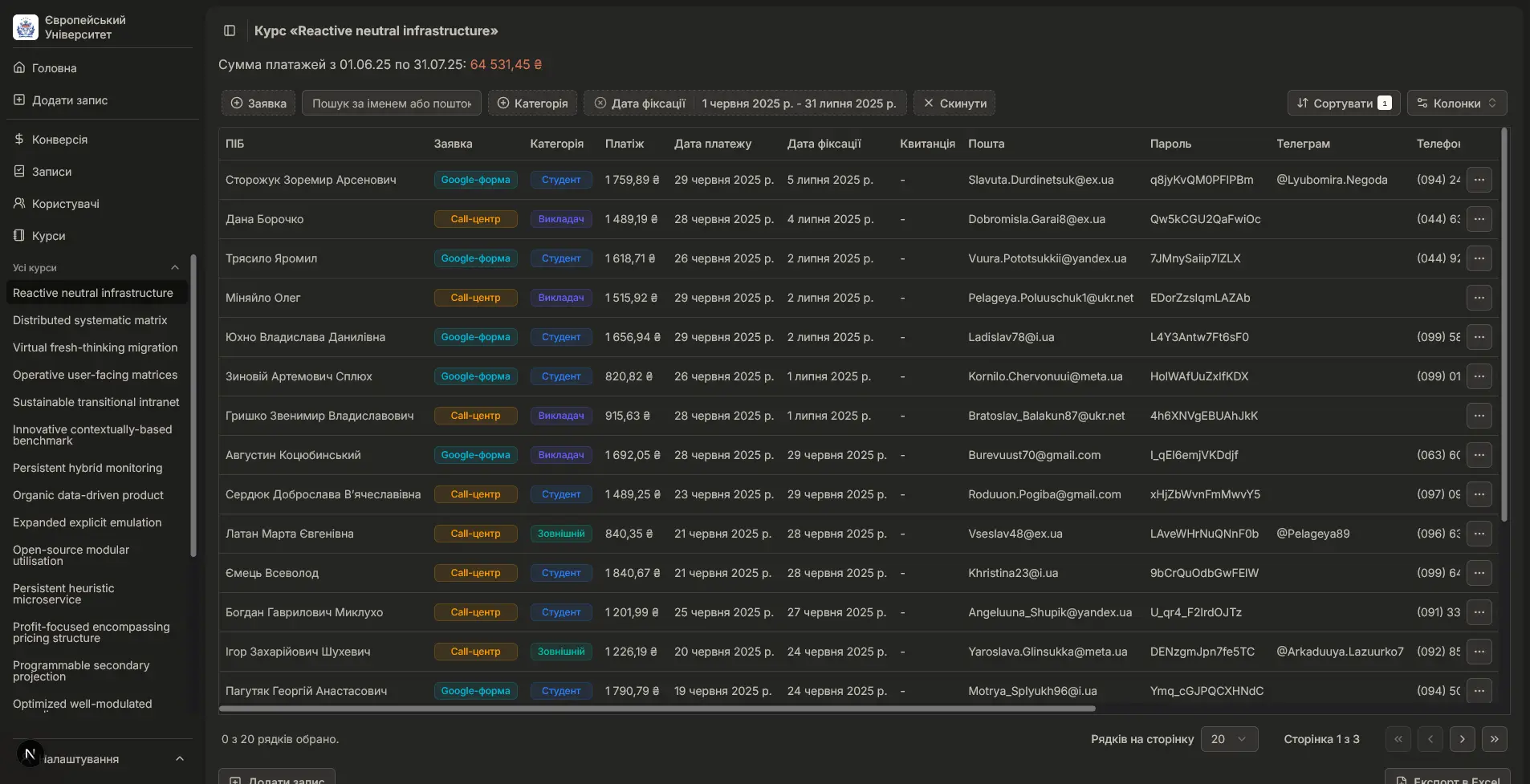 Spreadsheet view of a course "Reactive neutral infrastructure" in dark mode. Table cells include User Name, Enrollment Type, User Category, Payment, Payment Date, and more.