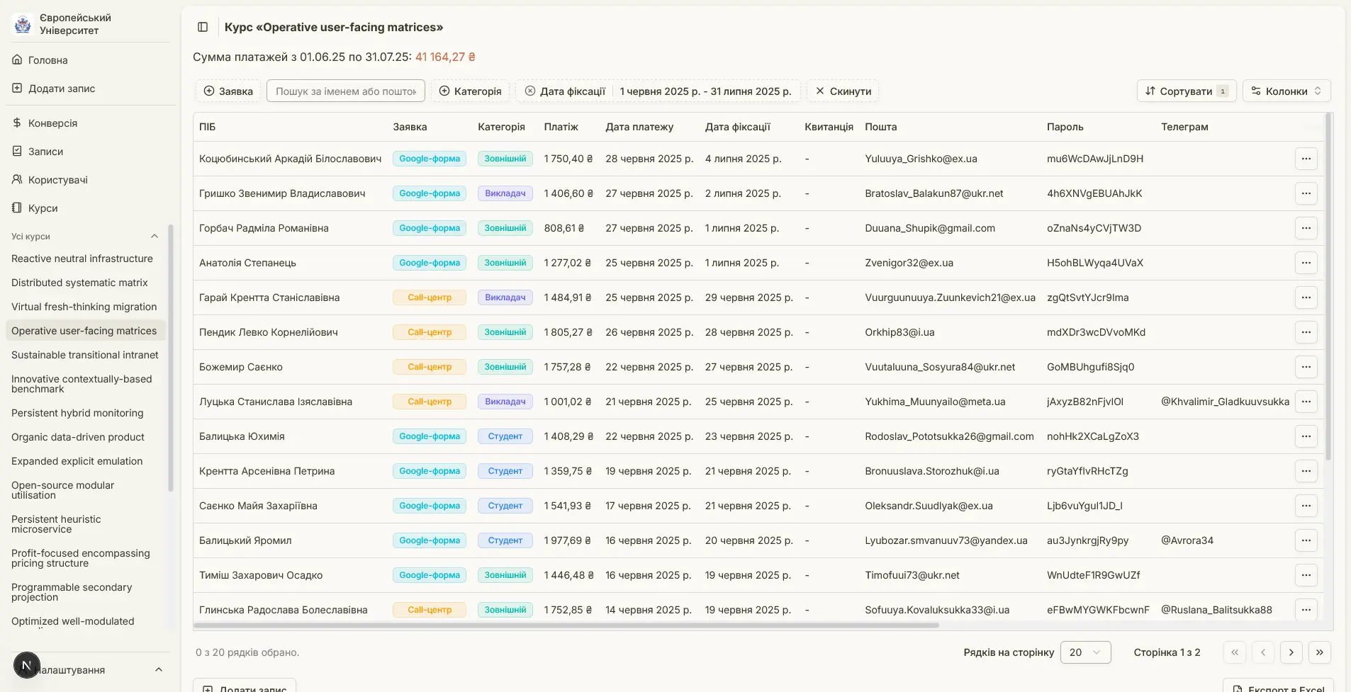 Spreadsheet view of a course "Reactive neutral infrastructure" in light mode. Table cells include User Name, Enrollment Type, User Category, Payment, Payment Date, and more.