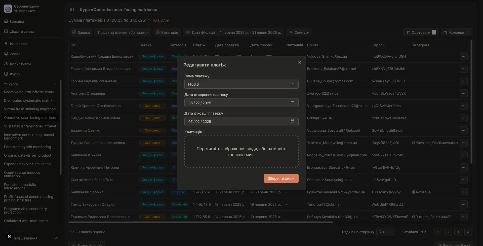 Open modal "Edit Payment" in dark mode. Includes a form with input fields for Payment, Payment Date, and more.